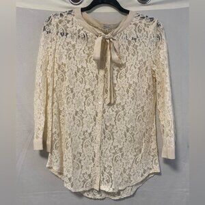 Babaton Cream Lace and Silk Tie Neck Blouse